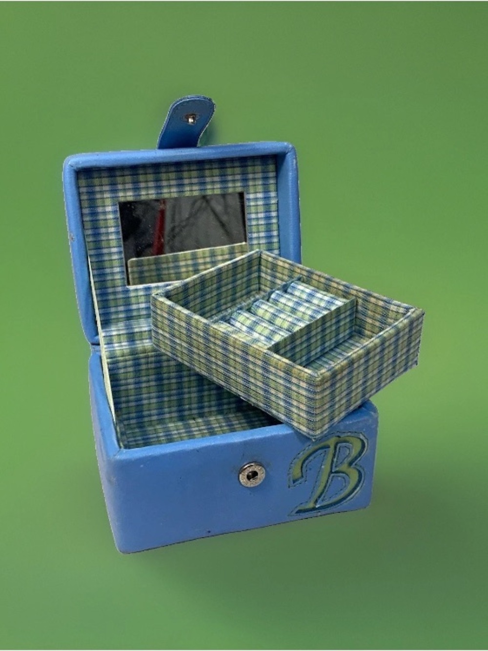 Vintage Blue Plaid Initial B Jewelry Box Mirror Travel Case Organizer Trinket